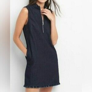 GAP Denim Fringe Mock Collar Sleeveless Raw Hem Denim w Pockets Blue Dress XS
